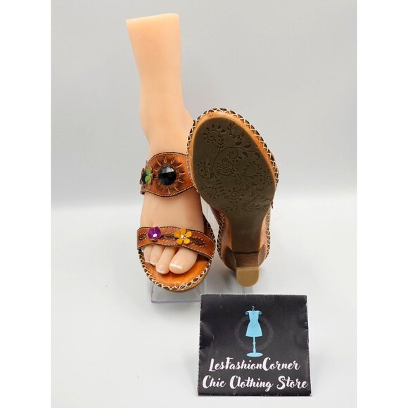 NWOB Spring Step Women's Brown Leather Kitten Heel Open-Toe Sandals Sz 9.5 2398 - Picture 3 of 16